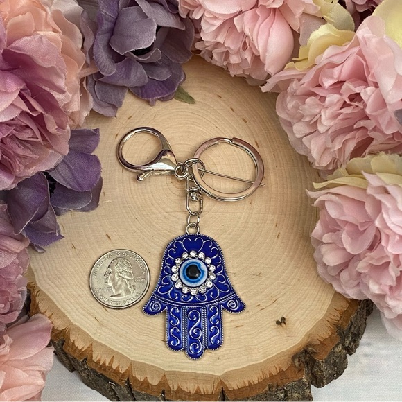 Bohemian Blue Crystal Hamsa Hand with Evil Eye Keychain - Picture 13 of 13